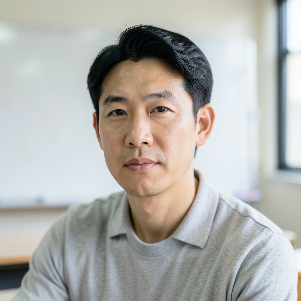 회색 셔츠를 입은 남성 강사 최민재가 흐릿한 칠판 앞에 앉아 있는 초상