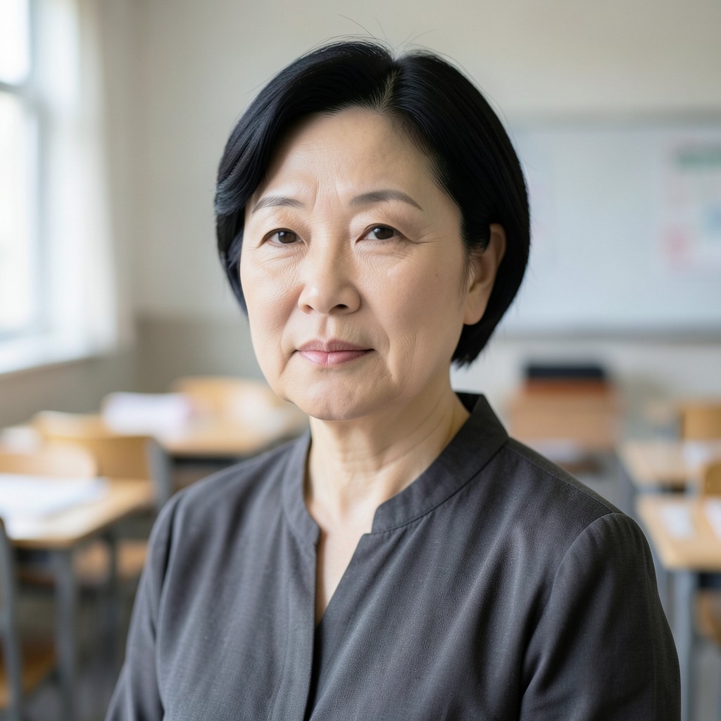짧은 검은 머리의 여성 강사 박서연이 흐릿한 강의실 앞에서 창가 빛을 받고 있는 초상